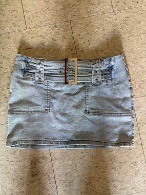 Edikted Light Blue Denim Mini Skirt with Buckle Belt
